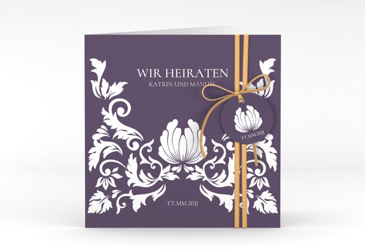 Hochzeitseinladung Royal quadr. Klappkarte lila mit barockem Blumen-Ornament