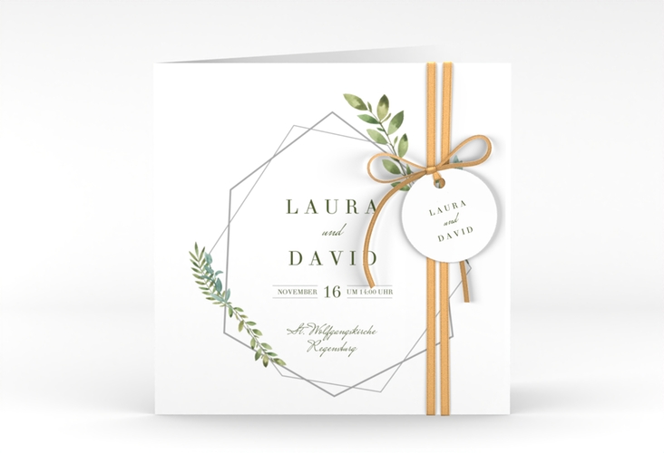 Hochzeitseinladung Herbarium quadr. Klappkarte grau hochglanz mit geometrischem Rahmen und Blätter-Dekor