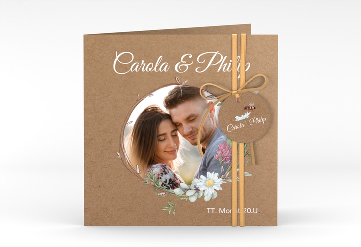 Hochzeitseinladung Honey quadr. Klappkarte Kraftpapier mit Wiesenblumen und Biene