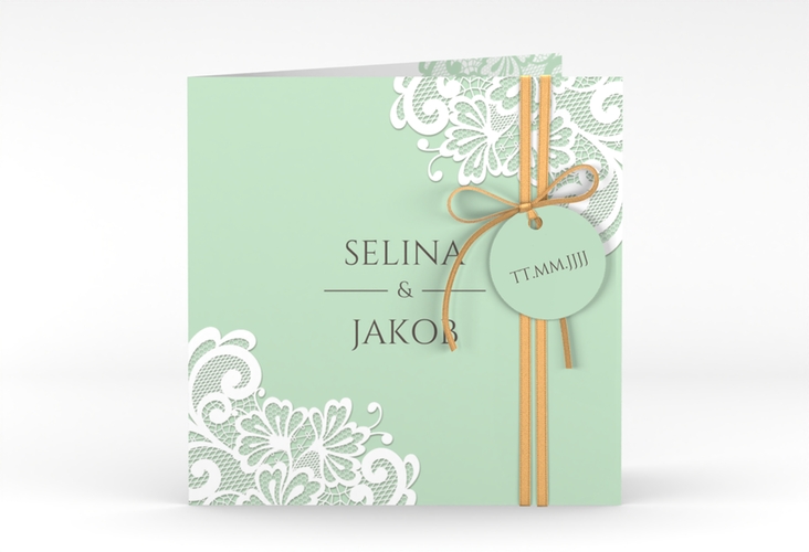 Hochzeitseinladung Vintage quadr. Klappkarte mint mit floraler Spitze