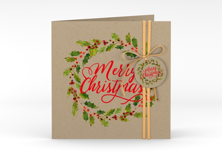 Weihnachtskarte Weihnachtskranz quadr. Klappkarte Kraftpapier hochglanz mit Kranz aus Stechpalme
