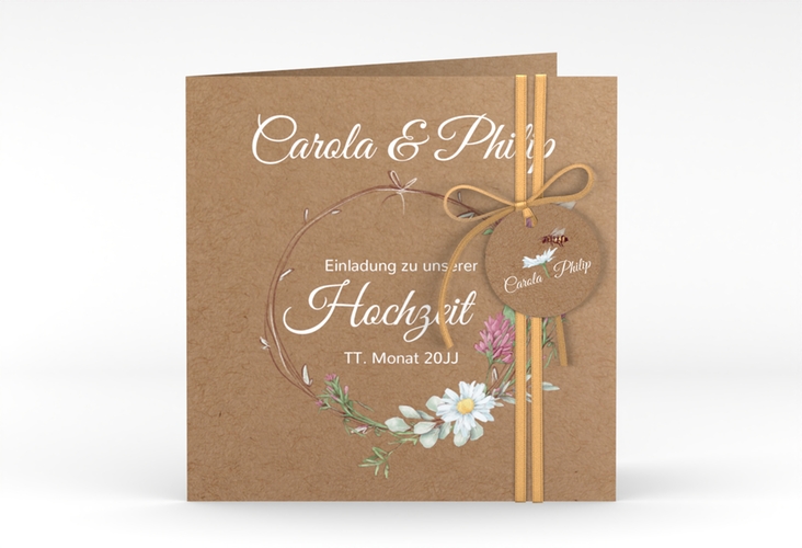 Hochzeitseinladung Honey quadr. Klappkarte Kraftpapier mit Wiesenblumen und Biene