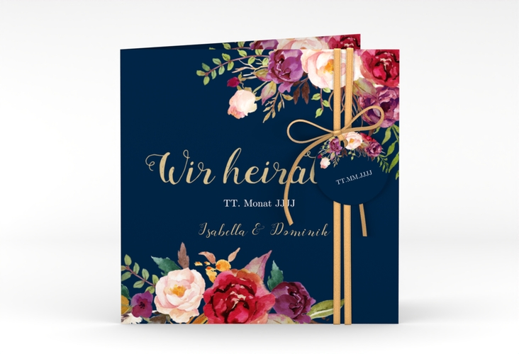 Hochzeitseinladung Flowers quadr. Klappkarte blau hochglanz mit bunten Aquarell-Blumen