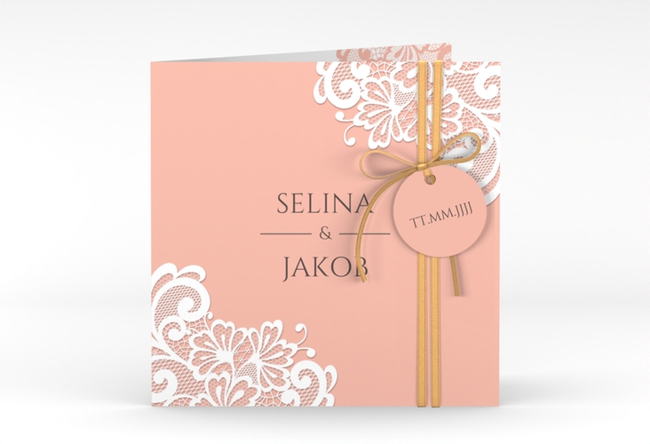 Hochzeitseinladung Vintage quadr. Klappkarte apricot mit floraler Spitze