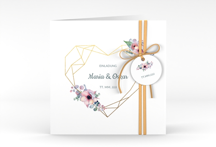 Hochzeitseinladung Herzgold quadr. Klappkarte weiss