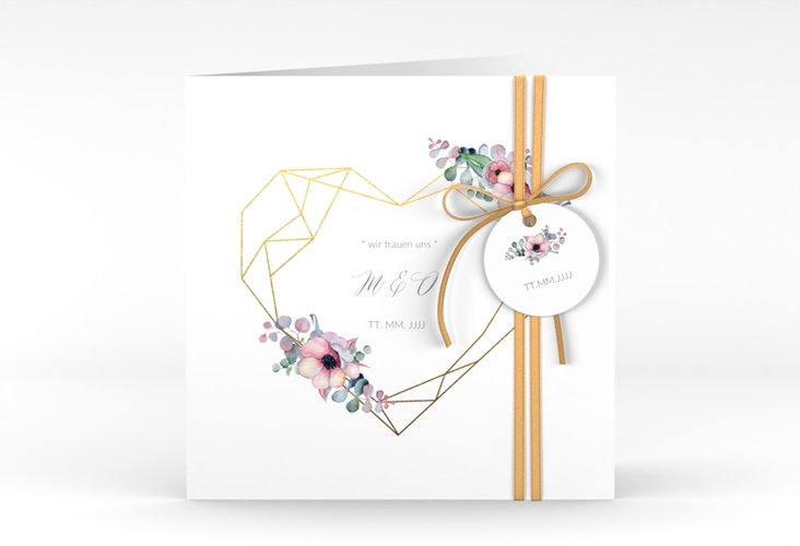 Hochzeitseinladung Herzgold quadr. Klappkarte weiss hochglanz