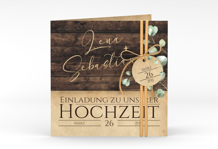 Hochzeitseinladung Landhaus quadr. Klappkarte braun hochglanz in Holz-Optik mit Eukalyptus