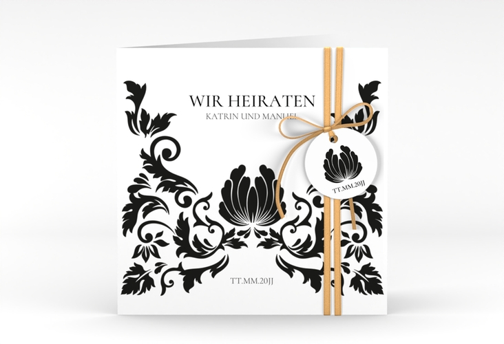 Hochzeitseinladung Royal quadr. Klappkarte weiss hochglanz mit barockem Blumen-Ornament