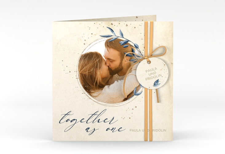 Hochzeitseinladung YinYang quadr. Klappkarte beige im Vintage-Look