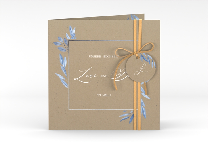 Hochzeitseinladung Classicblue quadr. Klappkarte Kraftpapier