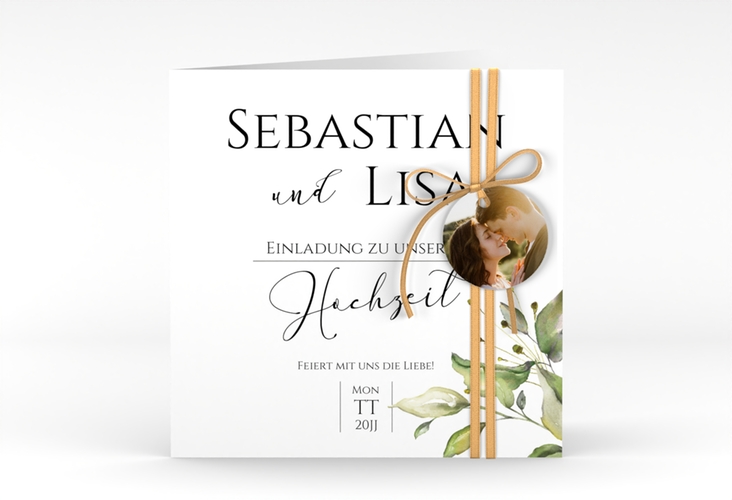 Hochzeitseinladung Leaves quadr. Klappkarte weiss hochglanz
