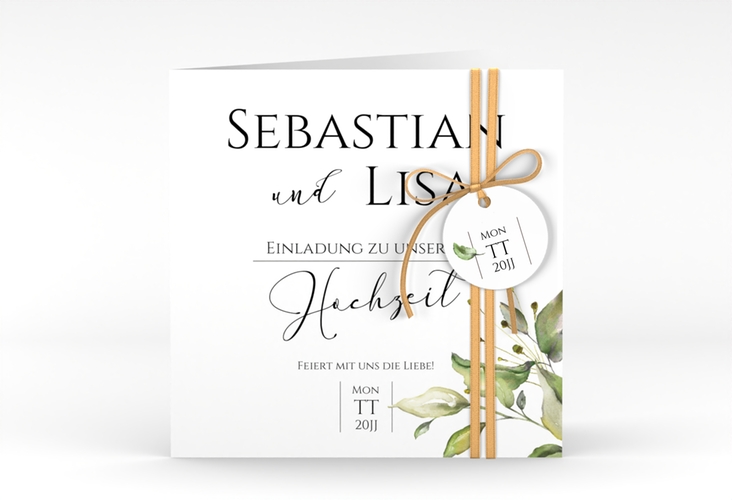 Hochzeitseinladung Leaves quadr. Klappkarte weiss hochglanz