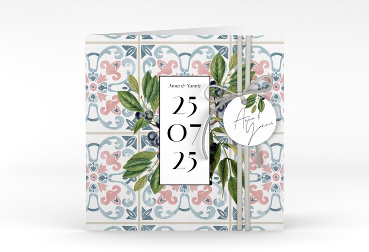 Hochzeitseinladung Mediterraner Flair quadr. Klappkarte bunt mit Auzlejo-Fliesenmuster und Lorbeer