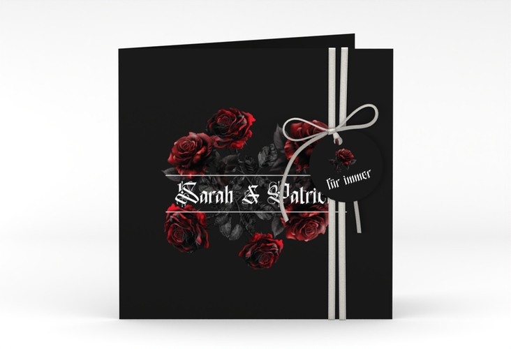 Hochzeitseinladung Gothic Rose quadr. Klappkarte schwarz hochglanz
