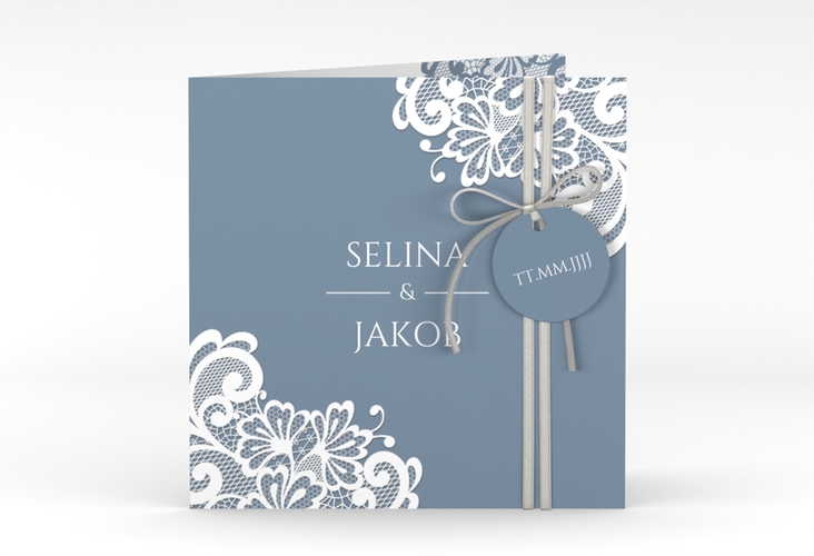 Hochzeitseinladung Vintage quadr. Klappkarte blau mit floraler Spitze