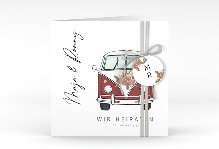 Hochzeitseinladung Hochzeitsbulli quadr. Klappkarte rot hochglanz