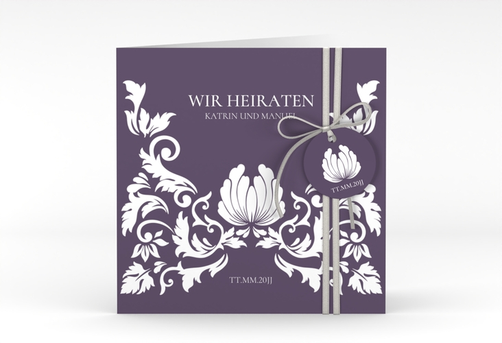 Hochzeitseinladung Royal quadr. Klappkarte lila mit barockem Blumen-Ornament