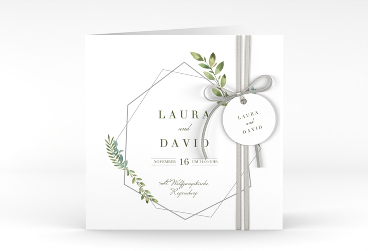 Hochzeitseinladung Herbarium quadr. Klappkarte grau hochglanz mit geometrischem Rahmen und Blätter-Dekor