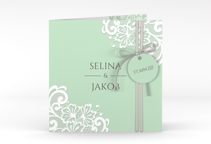 Hochzeitseinladung Vintage quadr. Klappkarte mint mit floraler Spitze