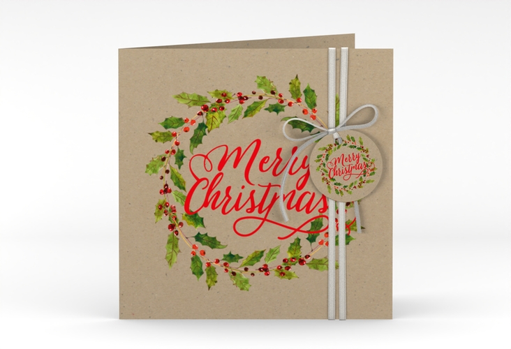 Weihnachtskarte Weihnachtskranz quadr. Klappkarte Kraftpapier hochglanz mit Kranz aus Stechpalme