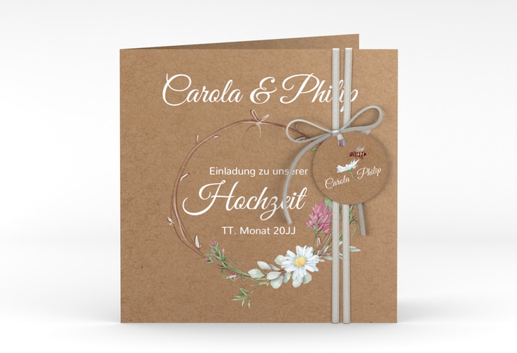 Hochzeitseinladung Honey quadr. Klappkarte Kraftpapier mit Wiesenblumen und Biene