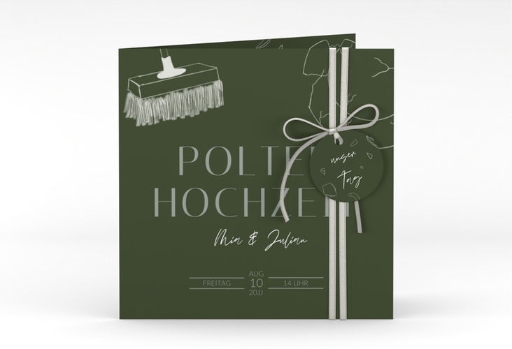 Hochzeitseinladung Polterhochzeit quadr. Klappkarte mit Besen und kaputtem Porzellanteller