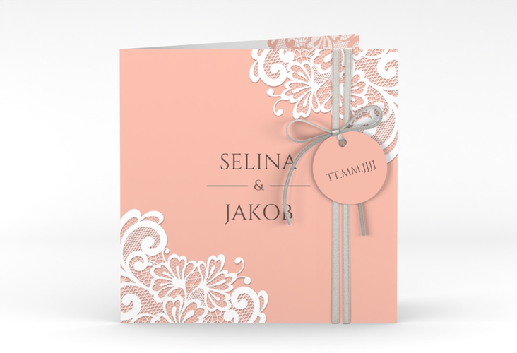 Hochzeitseinladung Vintage quadr. Klappkarte apricot mit floraler Spitze