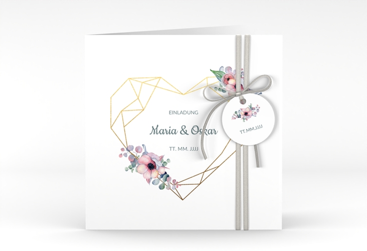 Hochzeitseinladung Herzgold quadr. Klappkarte weiss