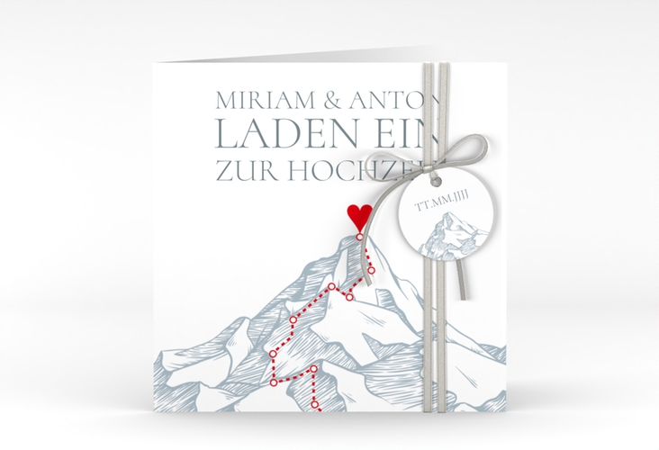 Hochzeitseinladung Berge quadr. Klappkarte blau