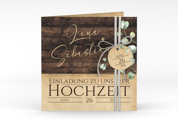 Hochzeitseinladung Landhaus quadr. Klappkarte braun hochglanz in Holz-Optik mit Eukalyptus
