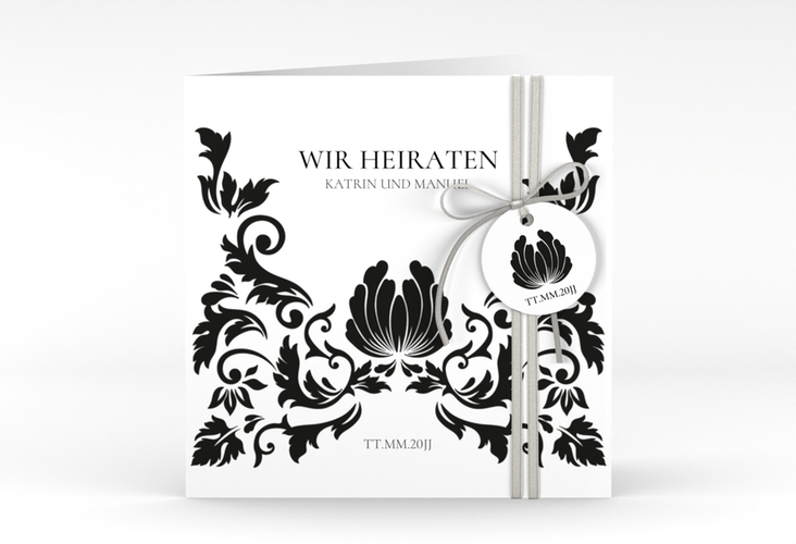 Hochzeitseinladung Royal quadr. Klappkarte weiss hochglanz mit barockem Blumen-Ornament