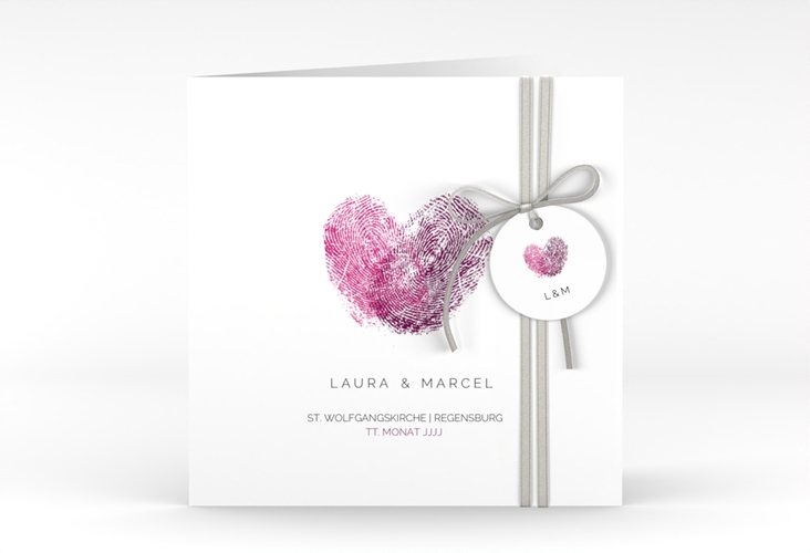 Hochzeitseinladung Fingerprint quadr. Klappkarte pink schlicht mit Fingerabdruck-Motiv