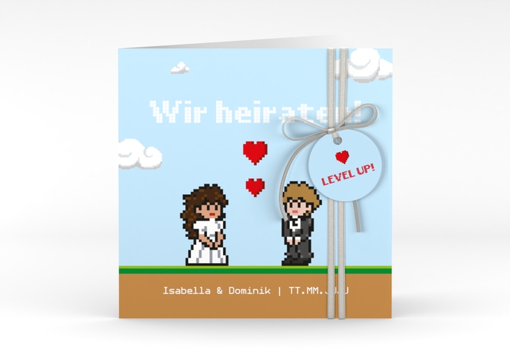 Hochzeitseinladung Pixel quadr. Klappkarte bunt hochglanz
