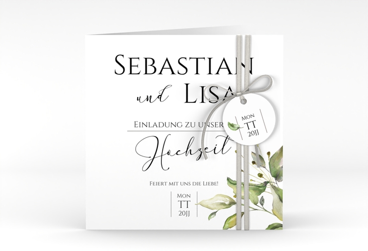 Hochzeitseinladung Leaves quadr. Klappkarte weiss hochglanz