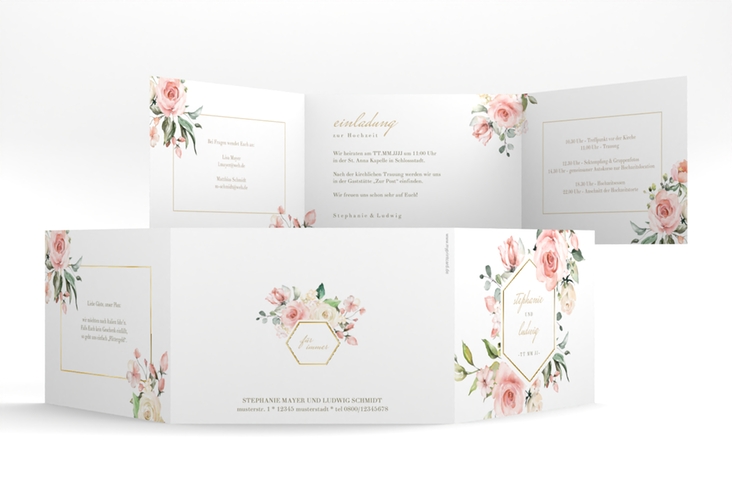 Hochzeitseinladung Graceful A6 Doppel-Klappkarte weiss gold mit Rosenblüten in Rosa und Weiß