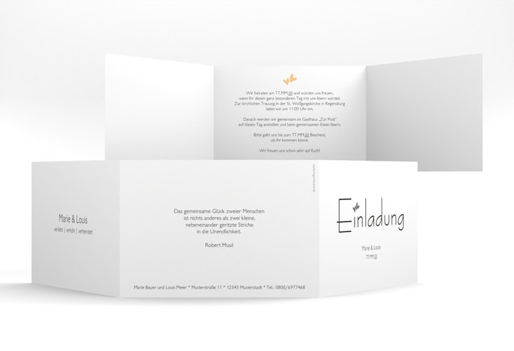Hochzeitseinladung Twohearts A6 Doppel-Klappkarte beige silber