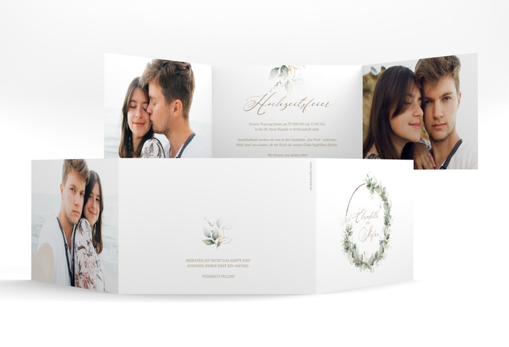 Hochzeitseinladung Selvatica A6 Doppel-Klappkarte weiss rosegold mit Eukalyptus-Kranz