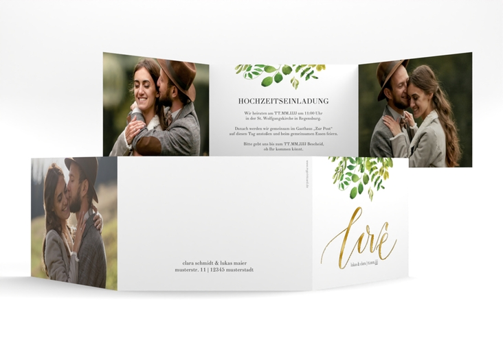 Hochzeitseinladung Botany A6 Doppel-Klappkarte weiss gold