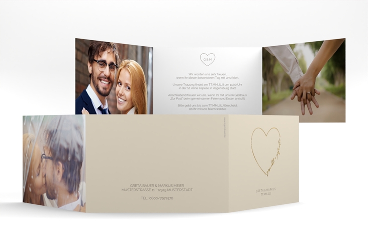 Hochzeitseinladung Lebenstraum A6 Doppel-Klappkarte beige gold