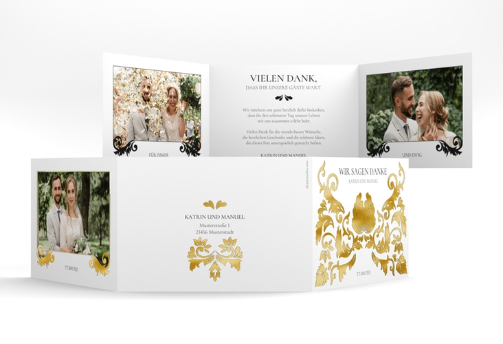 Danksagungskarte Royal A6 Doppel-Klappkarte weiss gold mit barockem Blumen-Ornament