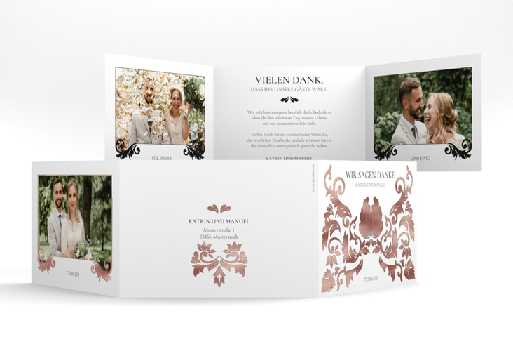 Danksagungskarte Royal A6 Doppel-Klappkarte weiss rosegold mit barockem Blumen-Ornament