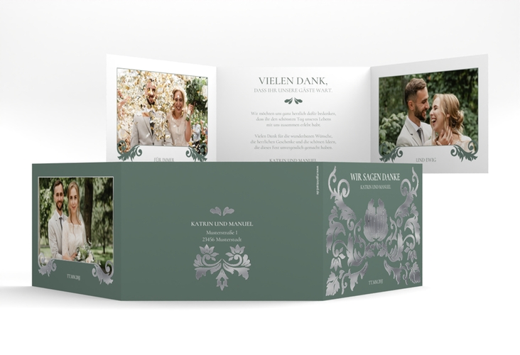 Danksagungskarte Royal A6 Doppel-Klappkarte gruen silber mit barockem Blumen-Ornament
