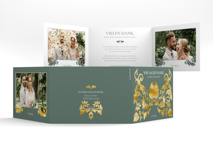 Danksagungskarte Royal A6 Doppel-Klappkarte gruen gold mit barockem Blumen-Ornament