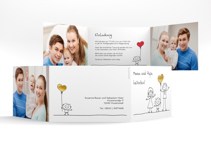 Hochzeitseinladung Family A6 Doppel-Klappkarte weiss gold