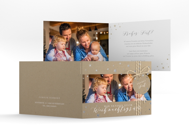 Weihnachtskarte Sternennacht A6 Klappkarte quer Kraftpapier silber mit Sternchen und Familienfoto