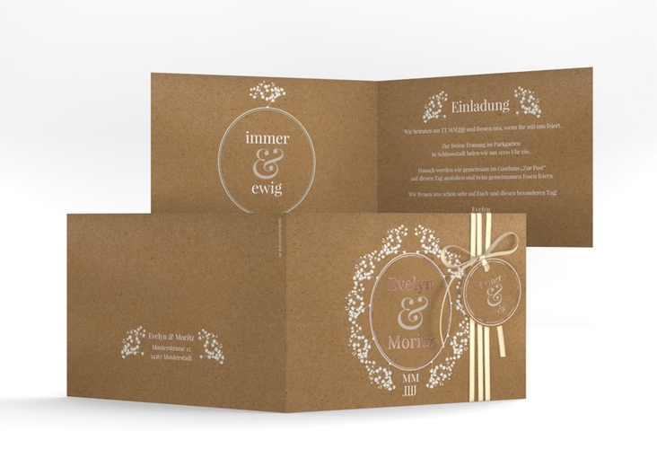 Hochzeitseinladung Gypsophila A6 Klappkarte quer Kraftpapier rosegold im Vintage-Stil mit Blumenkranz aus Schleierkraut