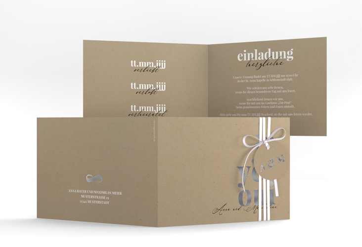 Hochzeitseinladung Oui A6 Klappkarte quer Kraftpapier silber mit Ja-Wort in verschiedenen Sprachen