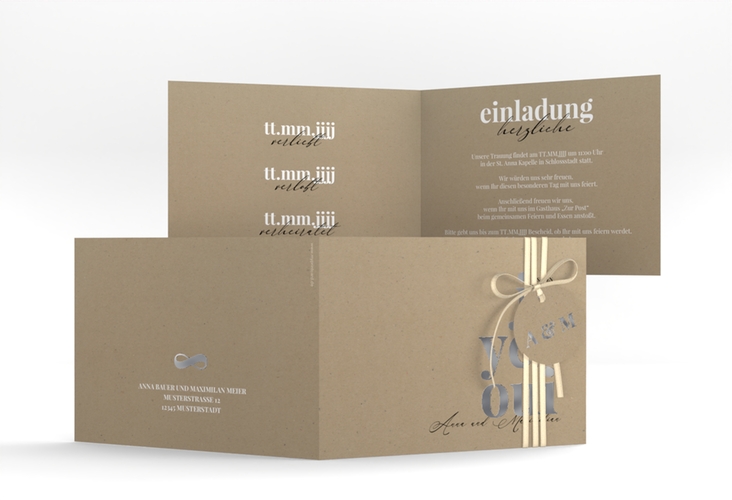 Hochzeitseinladung Oui A6 Klappkarte quer Kraftpapier silber mit Ja-Wort in verschiedenen Sprachen
