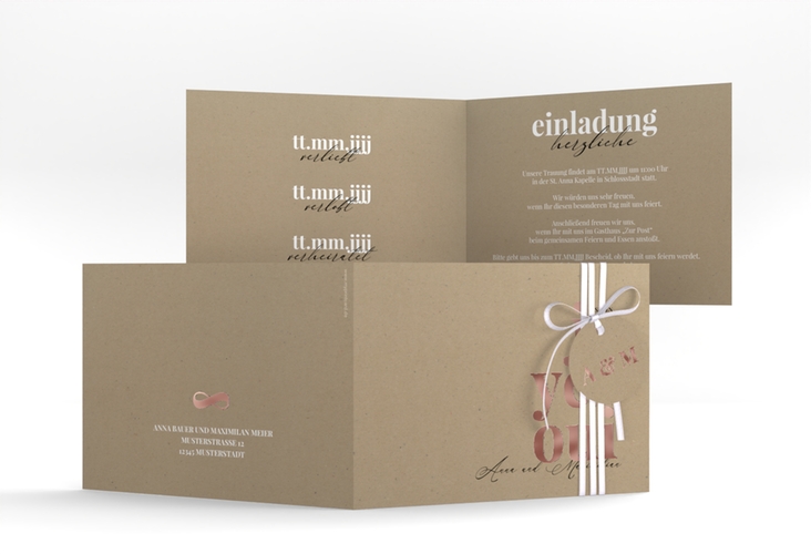 Hochzeitseinladung Oui A6 Klappkarte quer Kraftpapier rosegold mit Ja-Wort in verschiedenen Sprachen