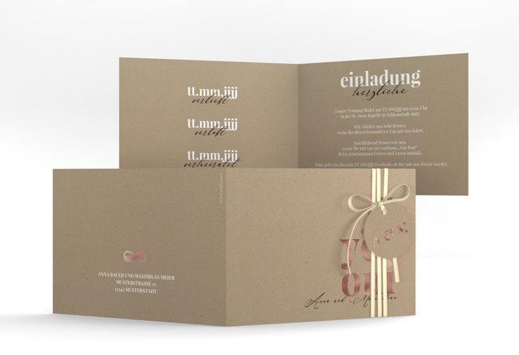 Hochzeitseinladung Oui A6 Klappkarte quer Kraftpapier rosegold mit Ja-Wort in verschiedenen Sprachen
